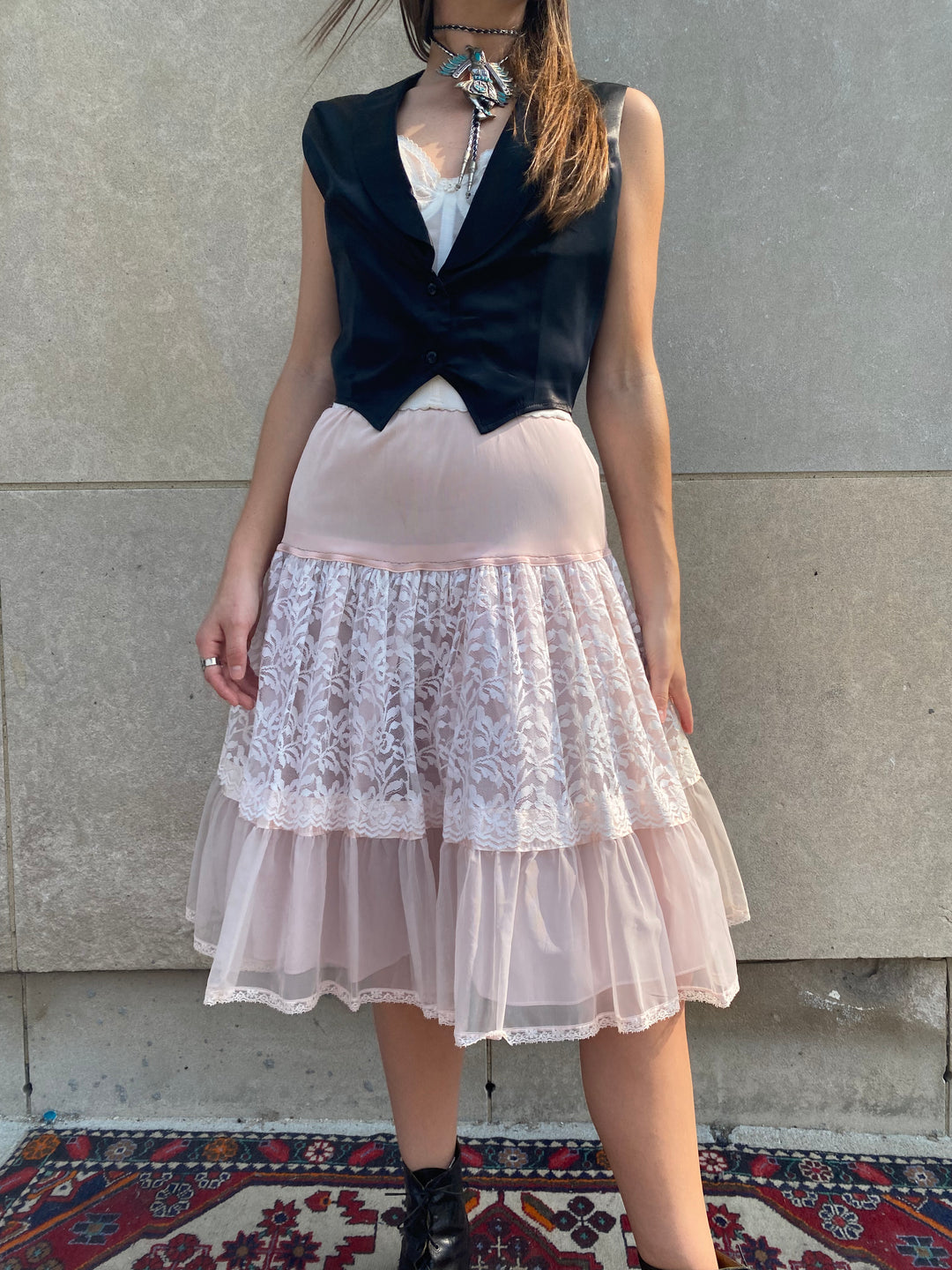 50s Vintage Pink Nylon and Lace Crinoline Skirt, Francine