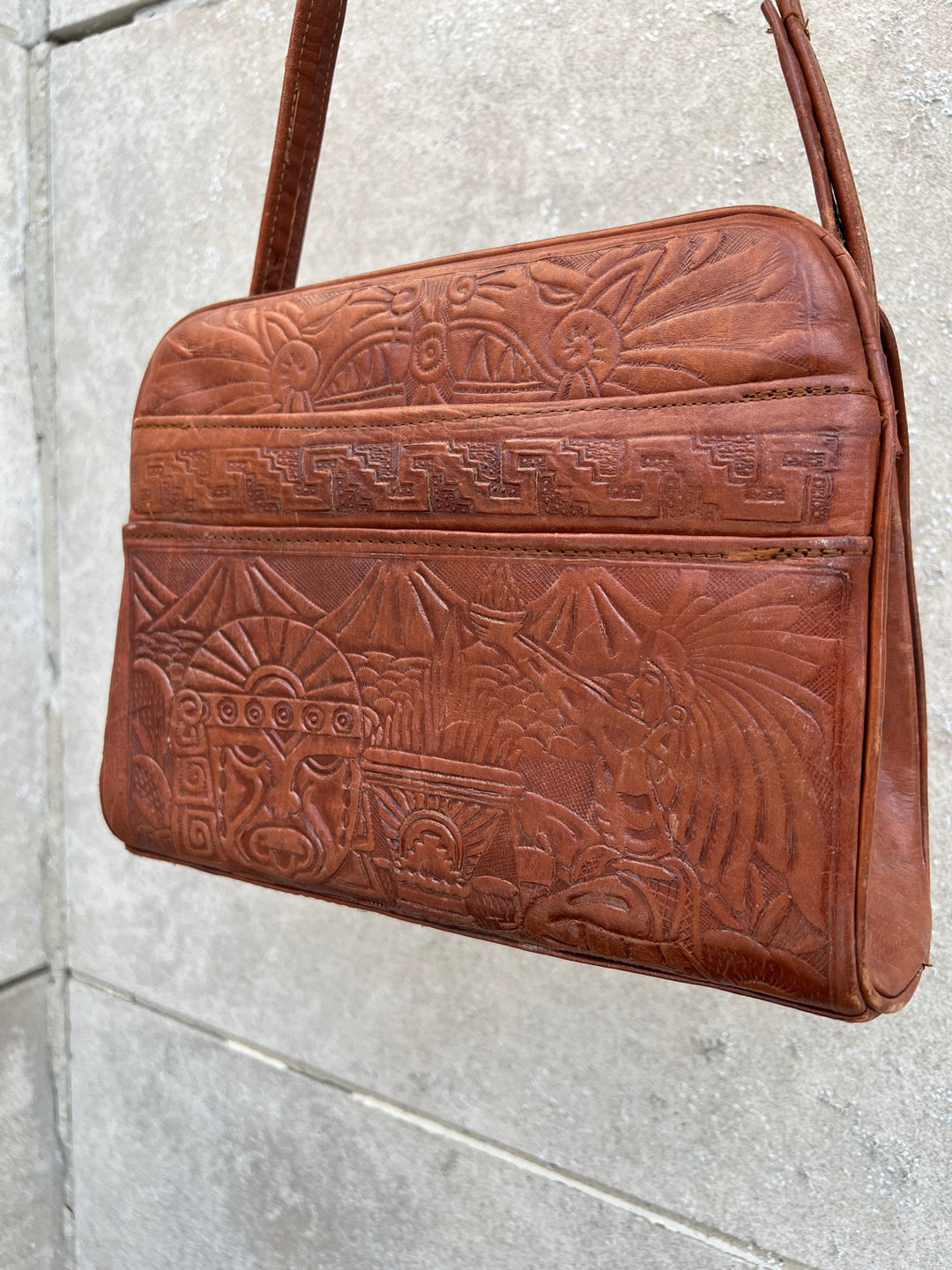 Vintage Brown Tooled Leather Shoulder Bag