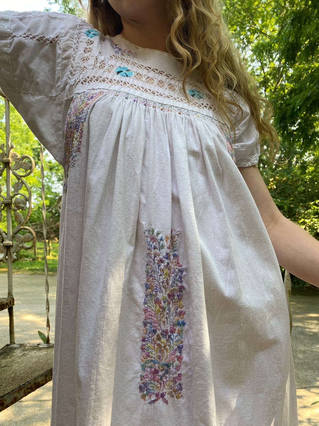 Vintage White Oaxacan Dress, Pastel Embroidery