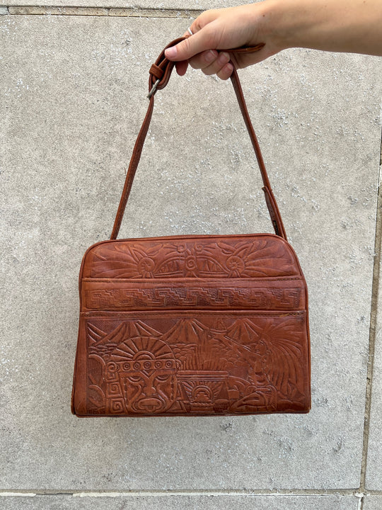 Vintage Brown Tooled Leather Shoulder Bag
