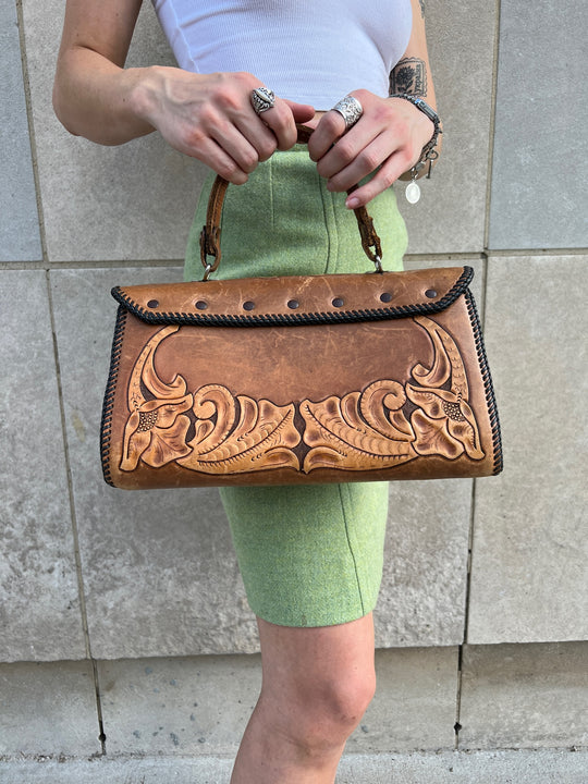 50s Vintage Brown Tooled Leather Purse, Metal Clasp