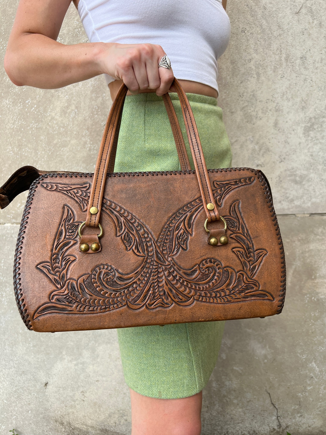 Vintage Simulated Brown Tooled Leather Purse