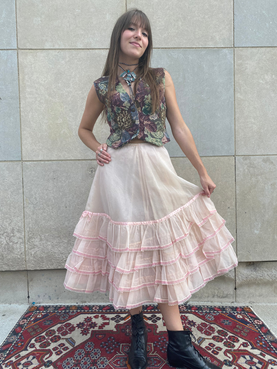 50s Vintage Pink Swiss Dot and Lace Crinoline Skirt, Lanz Originals