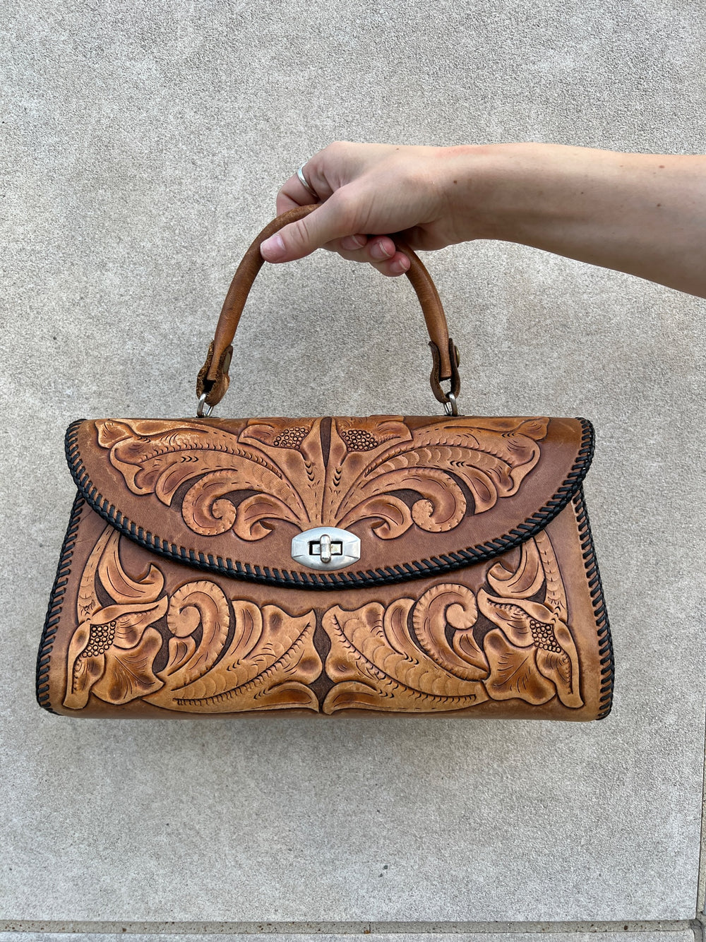 50s Vintage Brown Tooled Leather Purse, Metal Clasp