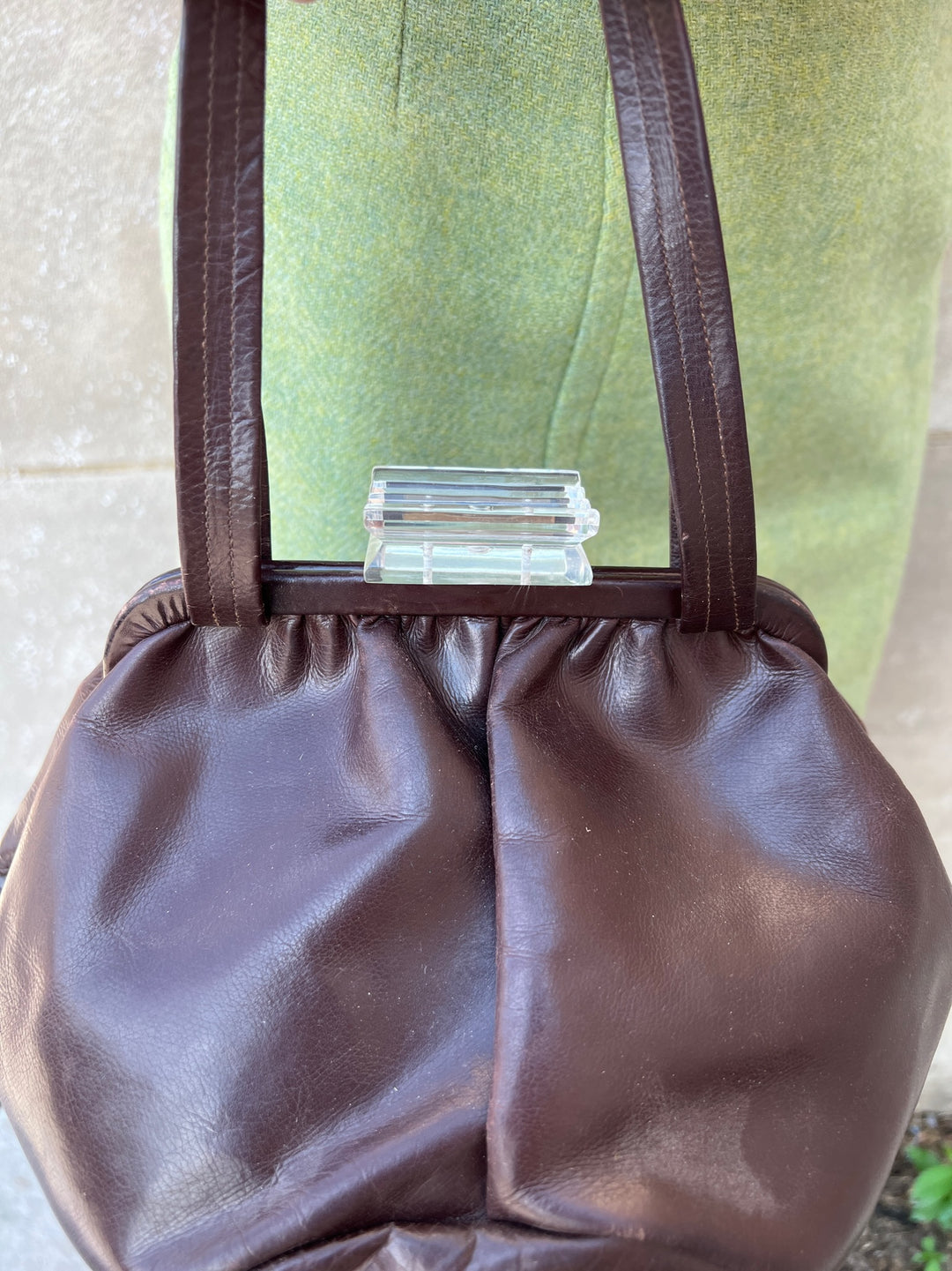 40s Brown Leather Purse, Lucite Clasp