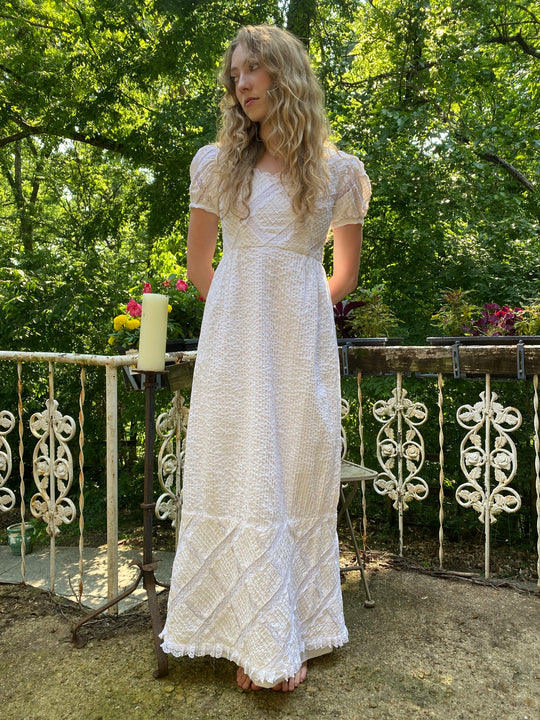 Vintage 70s White Maxi Dress, Pintuck and Lace Detail