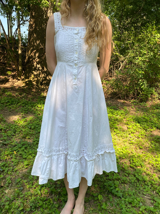 Vintage White Cotton Chemise Dress, Eyelet Detailing
