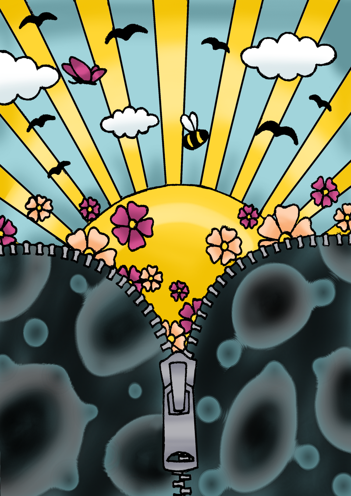 Illustration of a sun with yellow rays rising through an open zipper, with flowers, clouds, birds and a bee