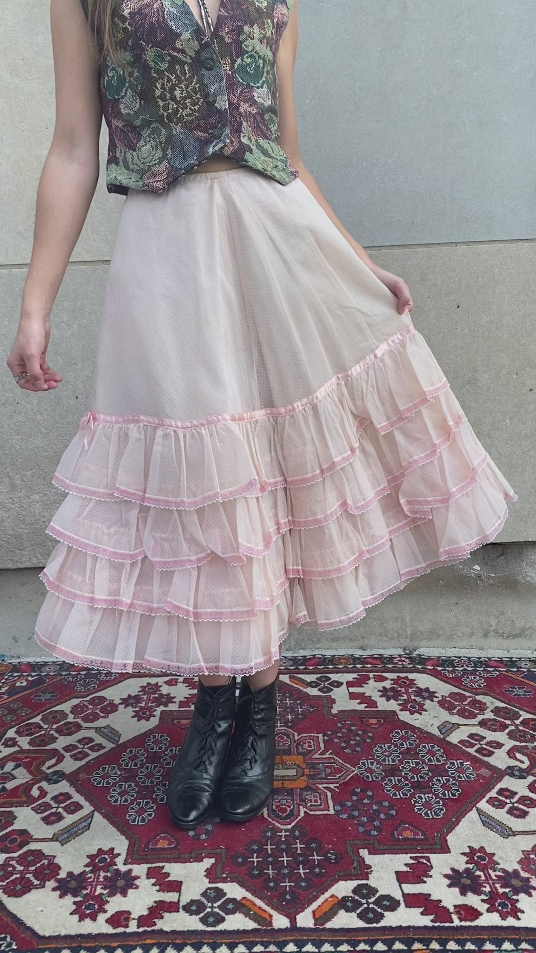 50s Vintage Pink Swiss Dot and Lace Crinoline Skirt, Lanz Originals