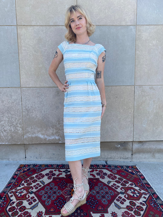 50s Light Blue Sheath Dress with Lace Panels