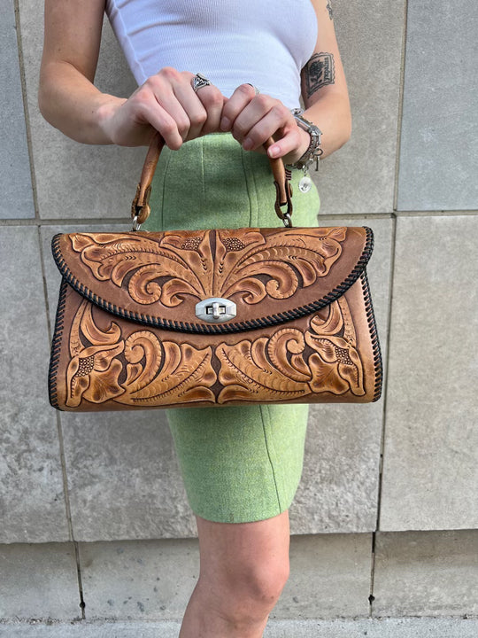 50s Vintage Brown Tooled Leather Purse, Metal Clasp