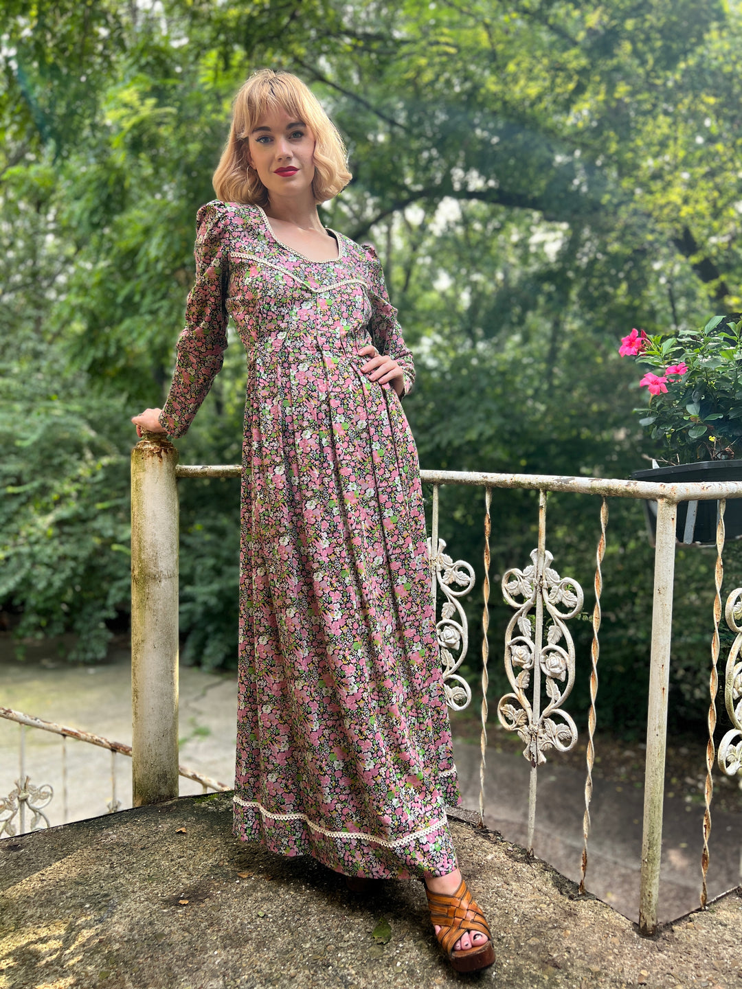 70s Black Pink Floral Cotton Maxi Dress, Lord & Taylor 70s Black Pink Floral Cotton Maxi Dress, Lord & Taylor