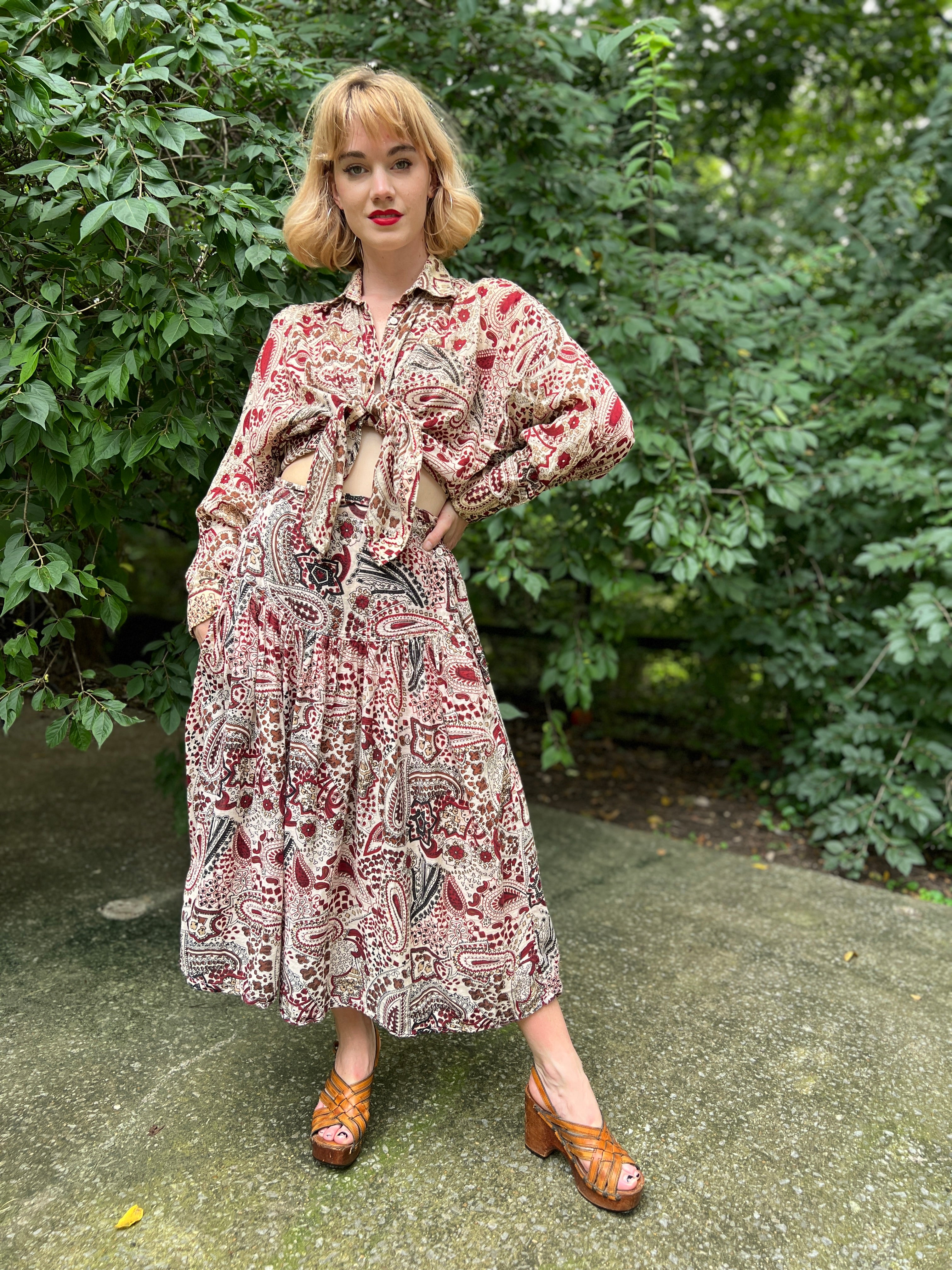 70s Brown White Paisley Indian Print Cotton Top and Skirt Set Chandni