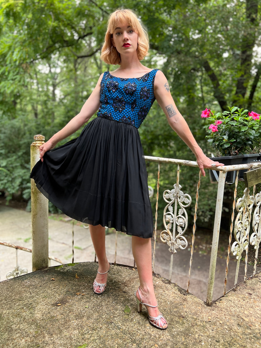 60s Blue Black Crepe Cocktail Dress, Sequin Fishnet Bodice, Pab