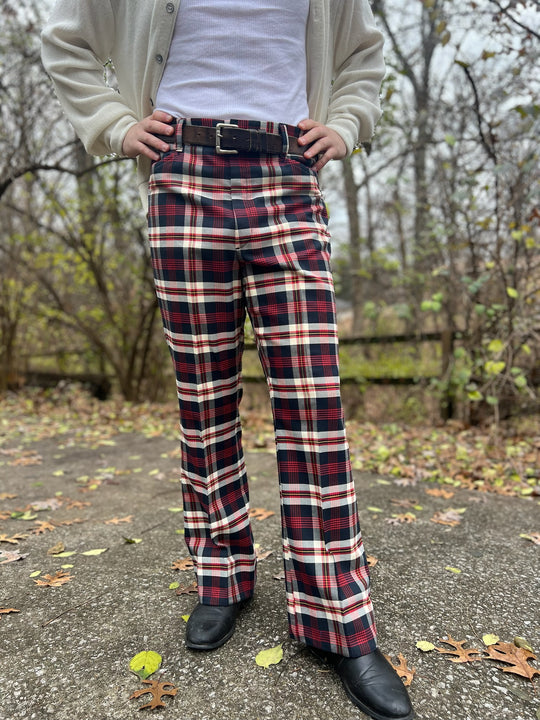 70s Black Red Plaid Bell Bottom Slacks, Farah