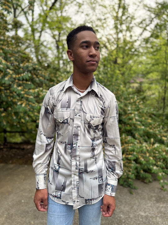 Men's Gray Black Nylon Geo Print Western Shirt, JCPenney Western Apparel