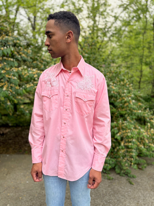 Men's Pink LS Western Shirt, Pink Floral Embroidery, Karman