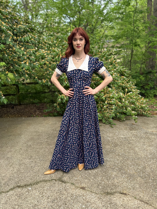 70s Blue Floral Cotton Seersucker Maxi Dress, White Collar