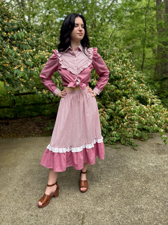 80s Red Chambray Cotton Western Skirt Set, Millie