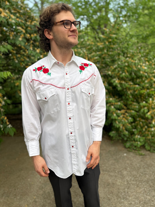 Men's White LS Western Shirt, Red Floral Embroidery, Ely Diamond