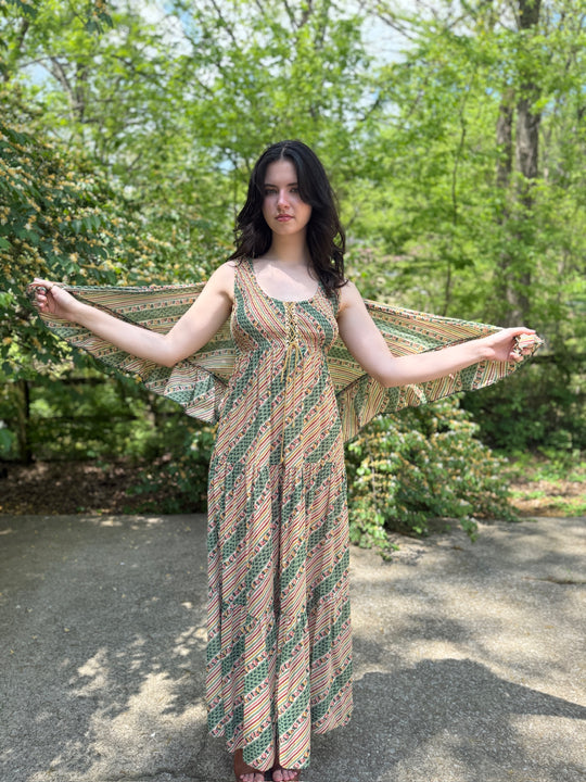 70s Green Tan Stripe Floral Cotton Maxi Dress with Shawl