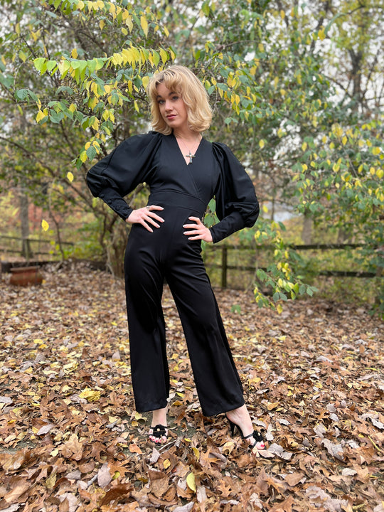 70s Black Polyester Vintage Jumpsuit, Jerell of Texas