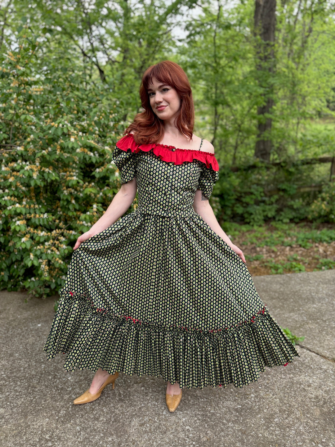 50s Green Red Cotton Print Sundress Jacket Set 50s Green Red Cotton Print Sundress Jacket Set