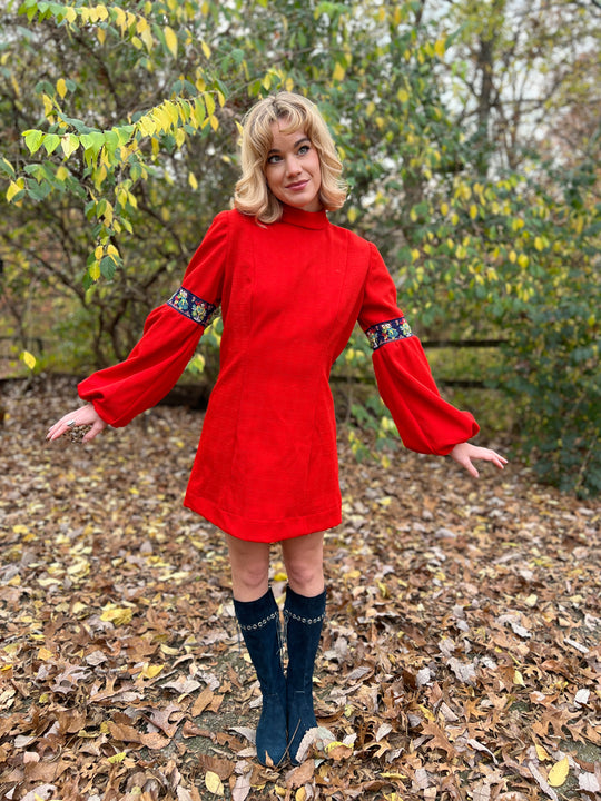 70s Red Knit Vintage Mini Dress, Balloon Sleeves
