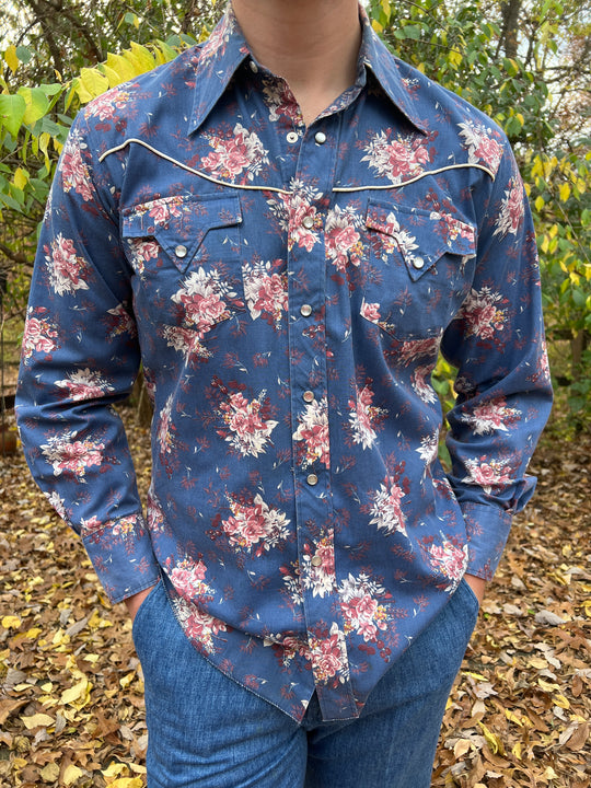 70s Blue Floral Vintage Cotton Western Shirt, Fenton