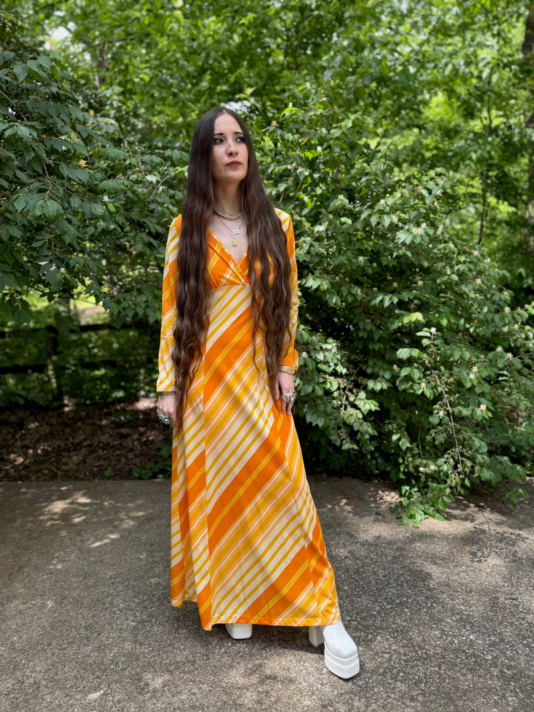 70s Yellow Orange Striped Nylon Maxi Dress, At Home Wear, Sears