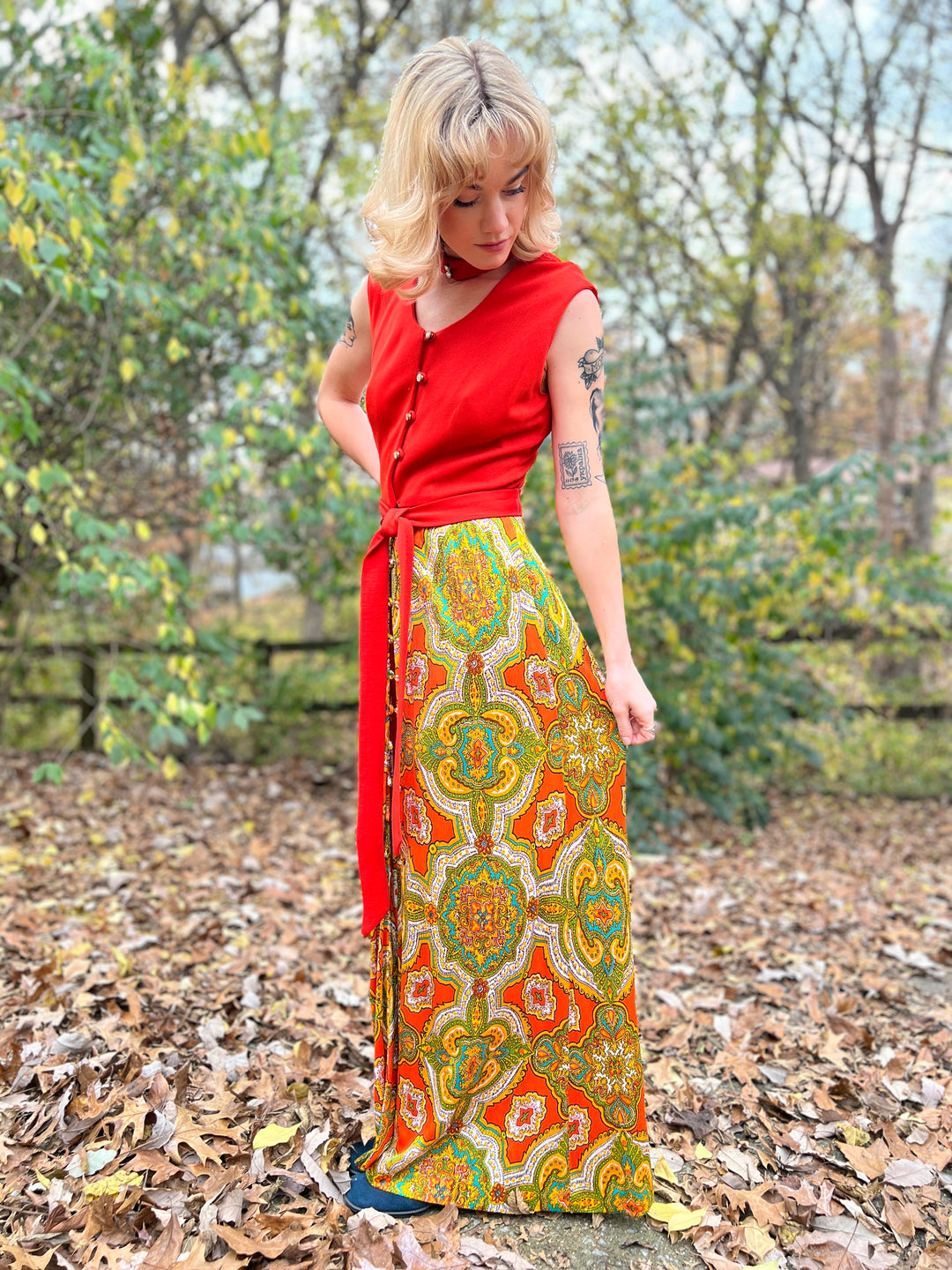 60s Vintage Orange Gold Nylon Paisley print Maxi Dress, Shorts Set