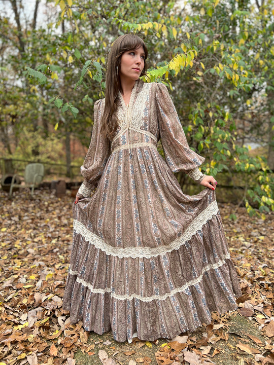 70s Brown Gray Cotton Paisley Vintage Maxi Dress, Lace Bodice