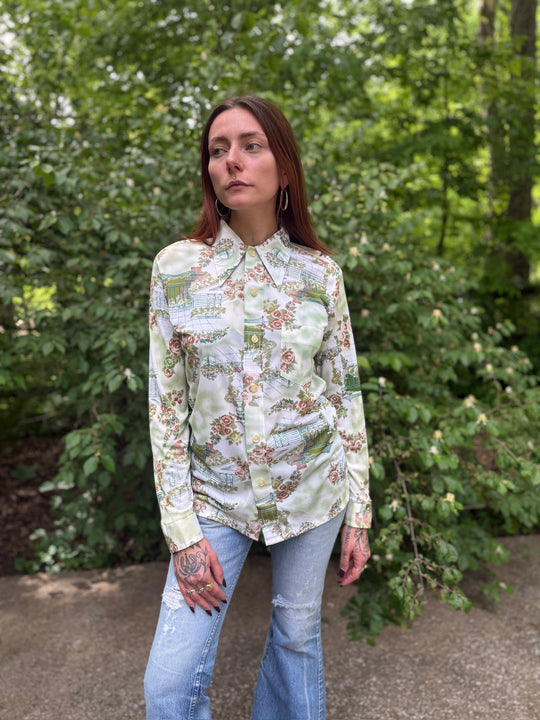 70s Green Nylon floral Disco Shirt, Rappers