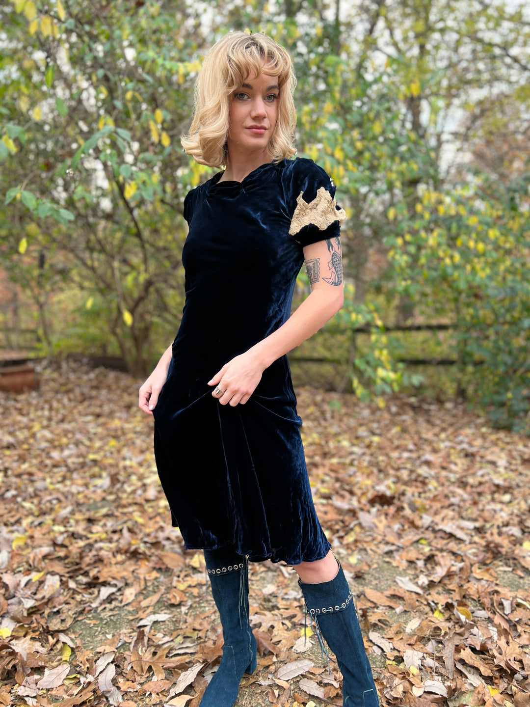30s Blue Silk Velvet Bias Cut Vintage Dress with Lace 30s Blue Silk Velvet Bias Cut Vintage Dress with Lace