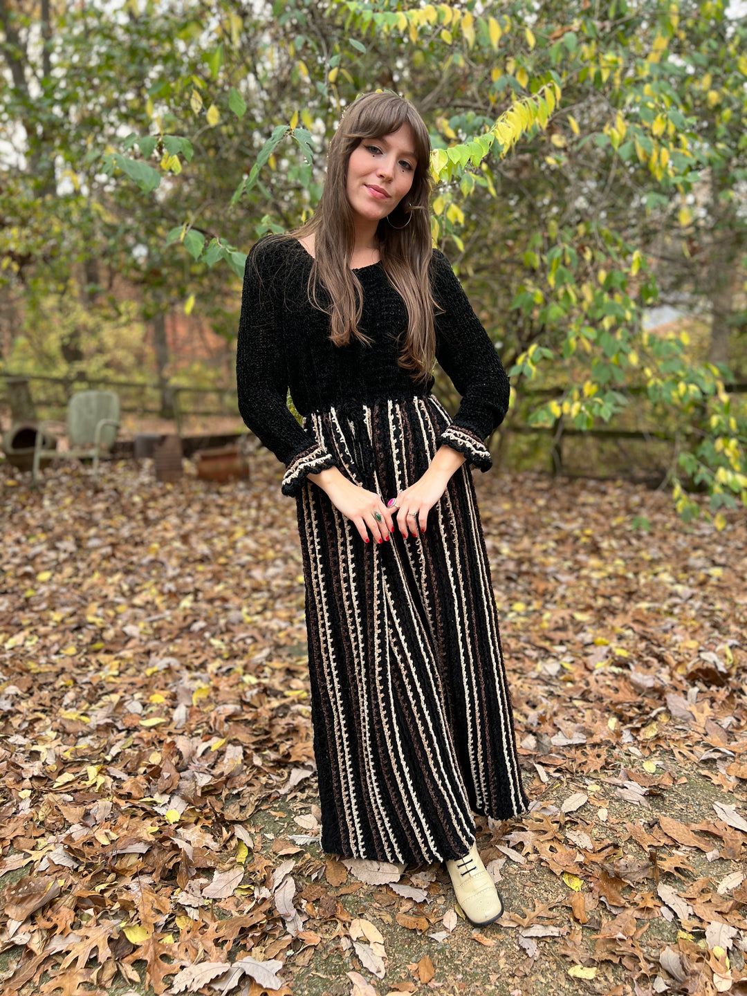 70s Brown Black Chenille Crocheted Vintage Maxi Dress 70s Brown Black Chenille Crocheted Vintage Maxi Dress