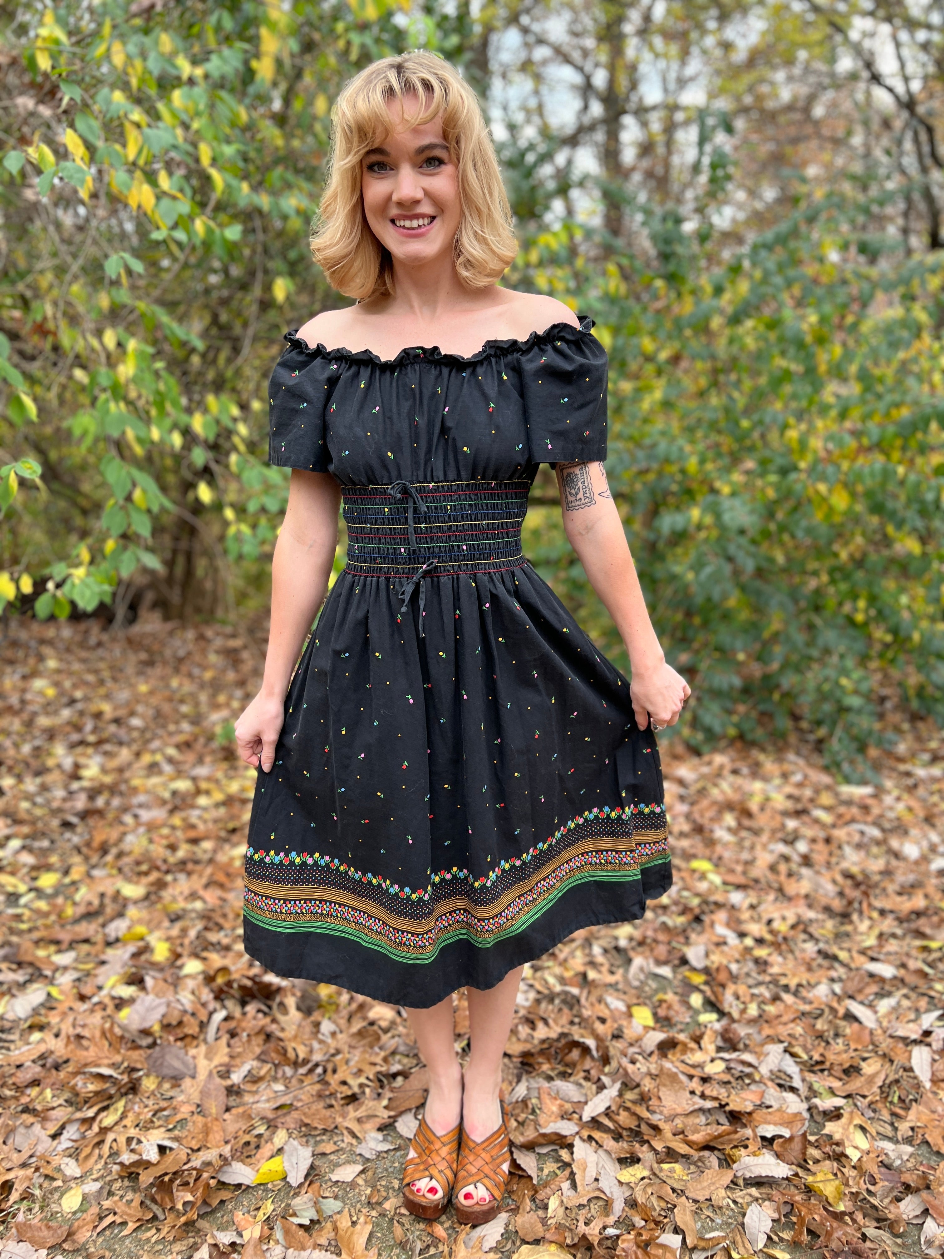 The Hip Zipper Nashville 70s Black Peasant Dress Smocked Elastic Waist