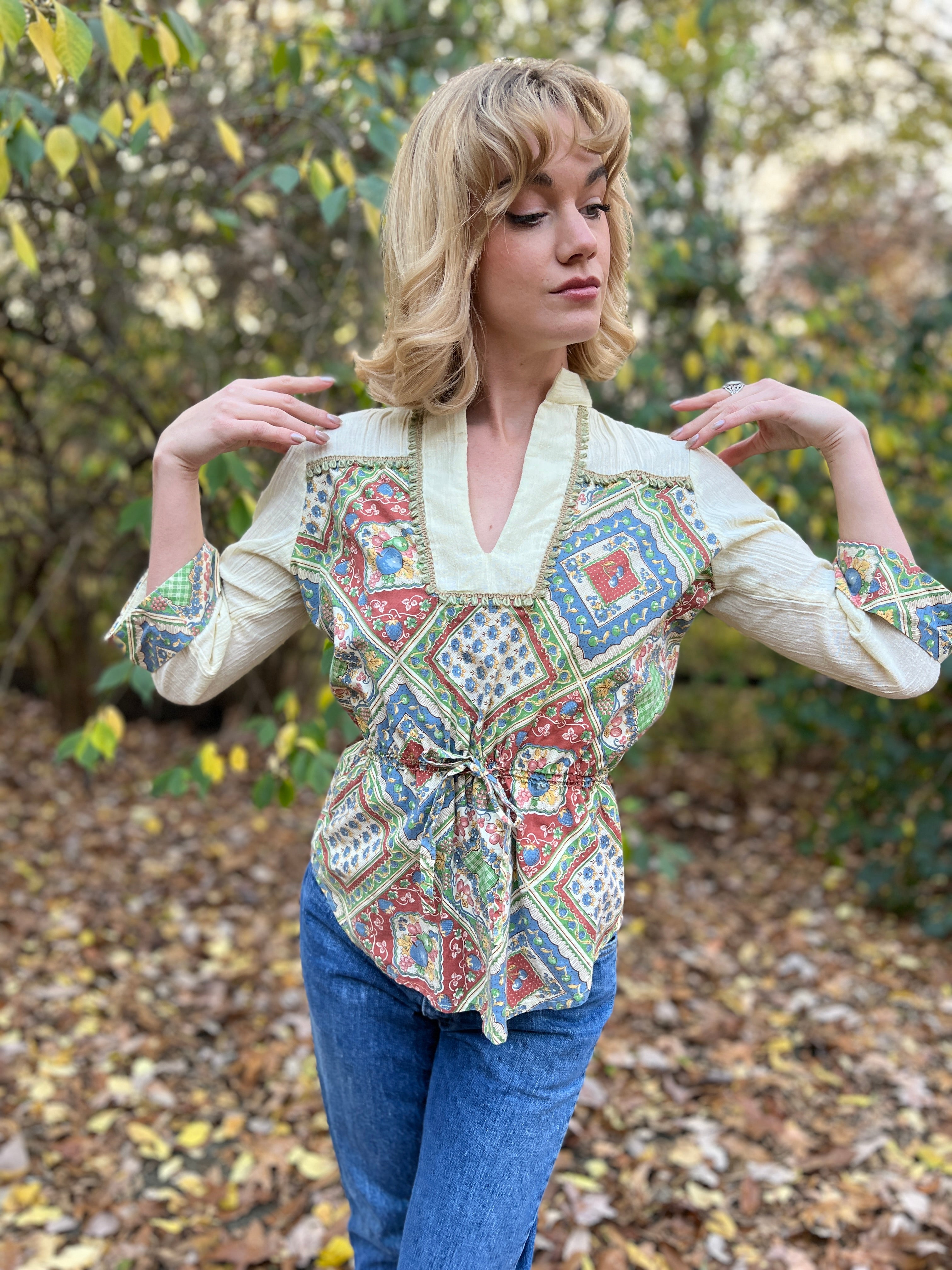 70s Vintage Ivory Calico Patchwork Pattern Shirt, Byer – The