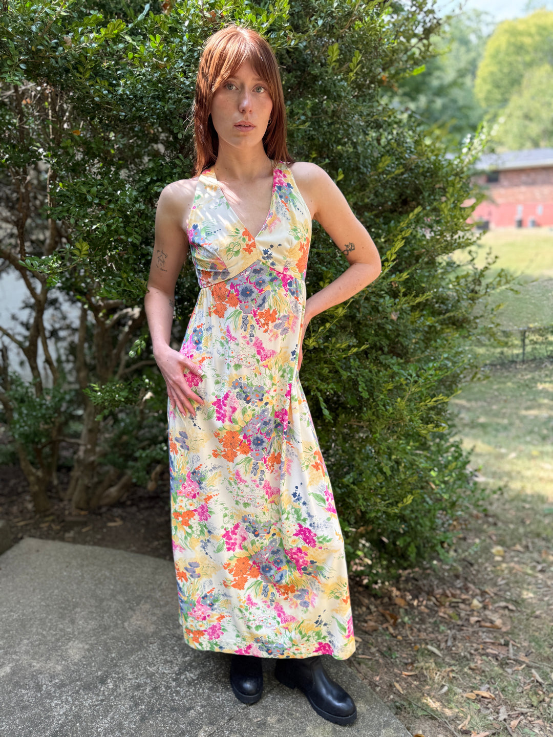 70s Floral Nylon Halter Maxi Dress, Kelly Arden
