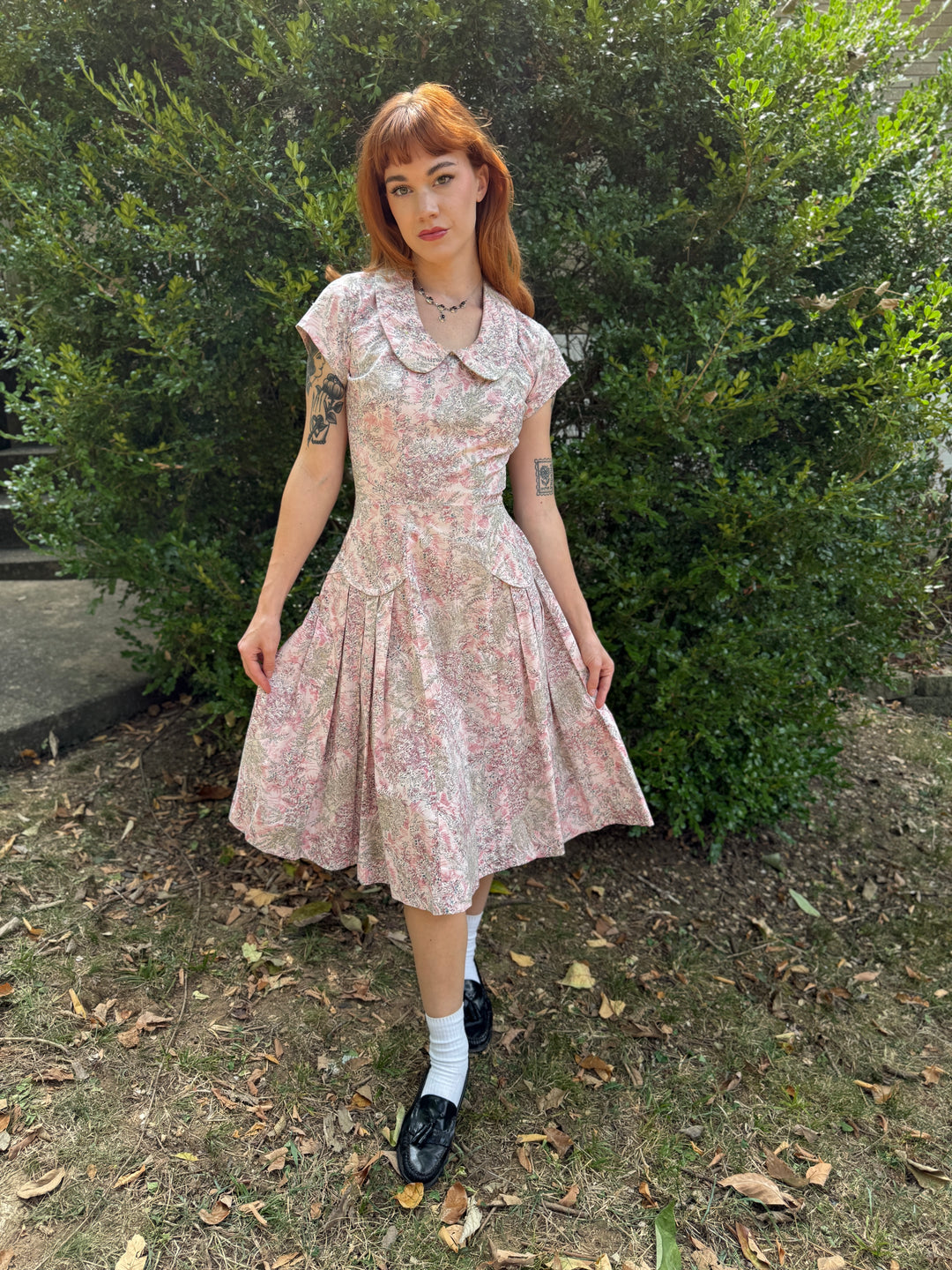 50s Pink Floral Print Day Dress, Handmade