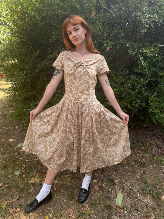 Vintage Tan White Paisley Cotton Day Dress, Neuville