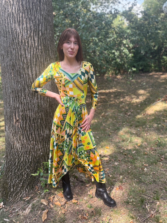 70s Green Black Orange Nylon Abstract Print Nylon Maxi Dress