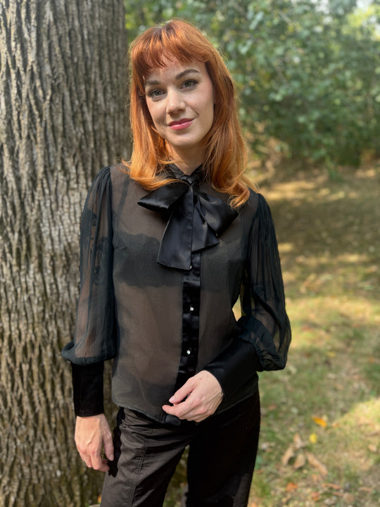 Vintage Black Tie Front Dress Blouse, Suzette