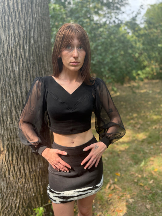 80s Black Cropped Shirt, Sheer Sleeves, Yes Clothing Co