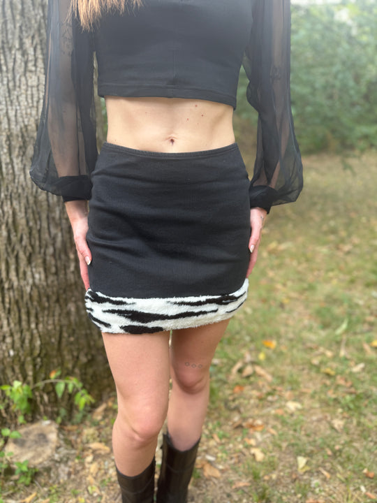 80s Black Mini Skirt, Faux Fur Animal Print Trim, A. Smile Gelati