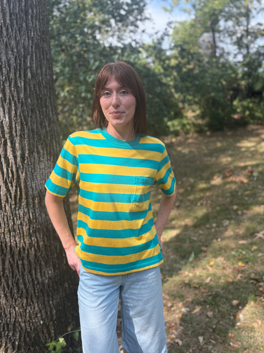 Vintage Aqua Yellow Striped T-Shirt, Lands End