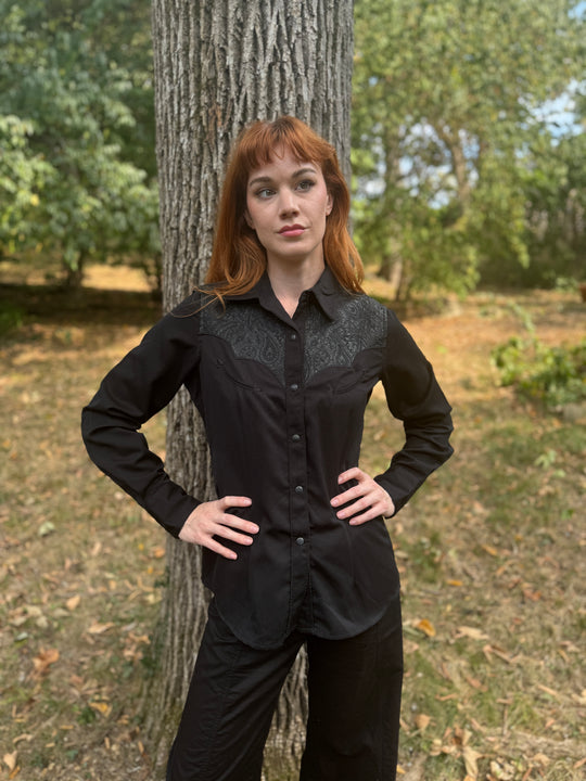 Ladies Black LS Western Shirt, Paisley Yoke, Panhandle Slim
