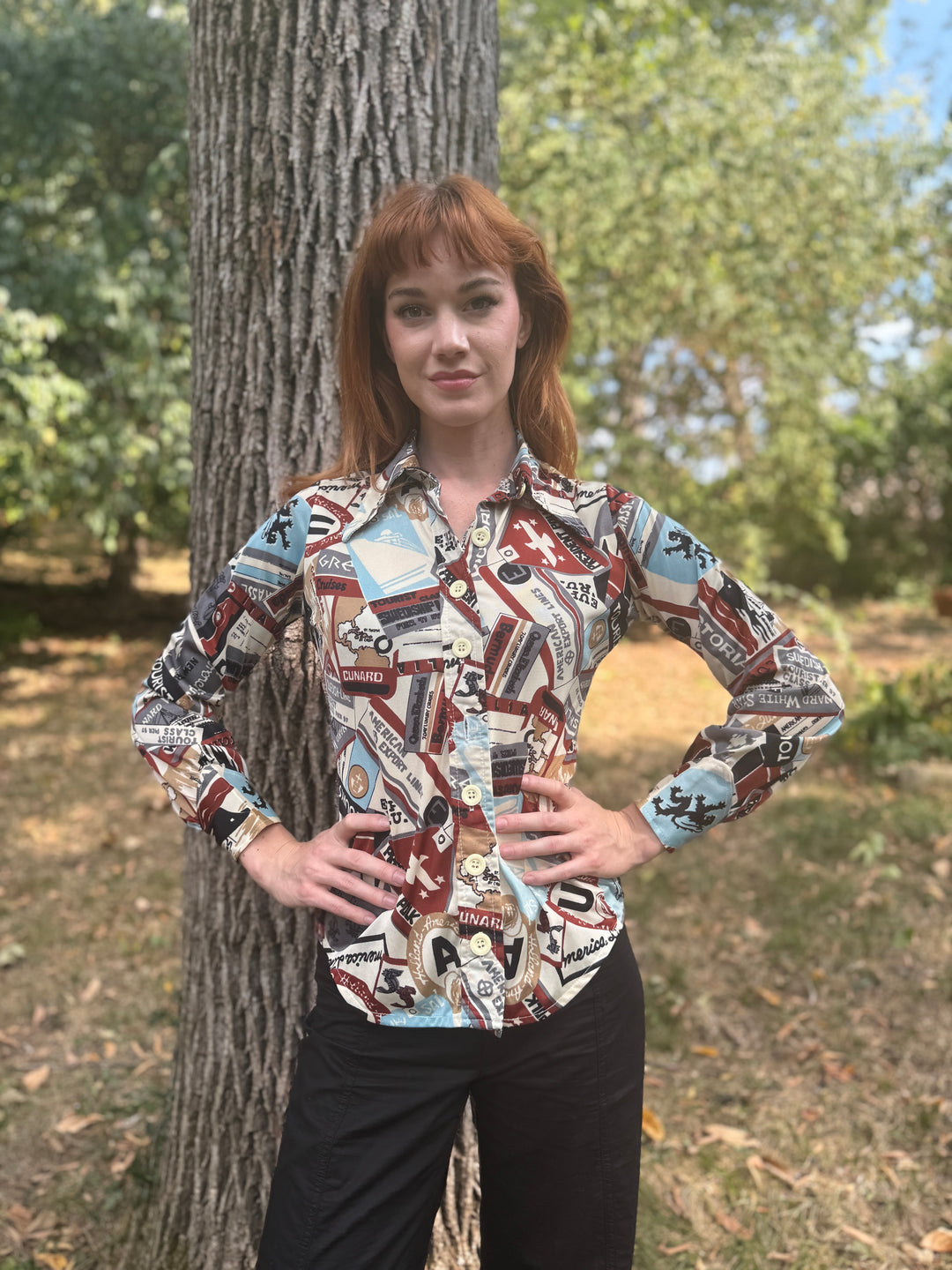 Ladies 70s Nylon Disco Shirt: Vintage Travel Tags