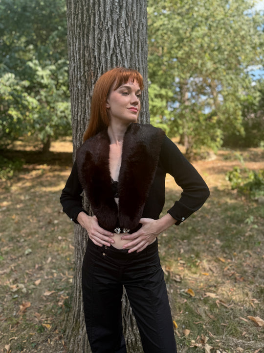 50s Black Orlon Sweater, Mink Collar, City Fur Co.