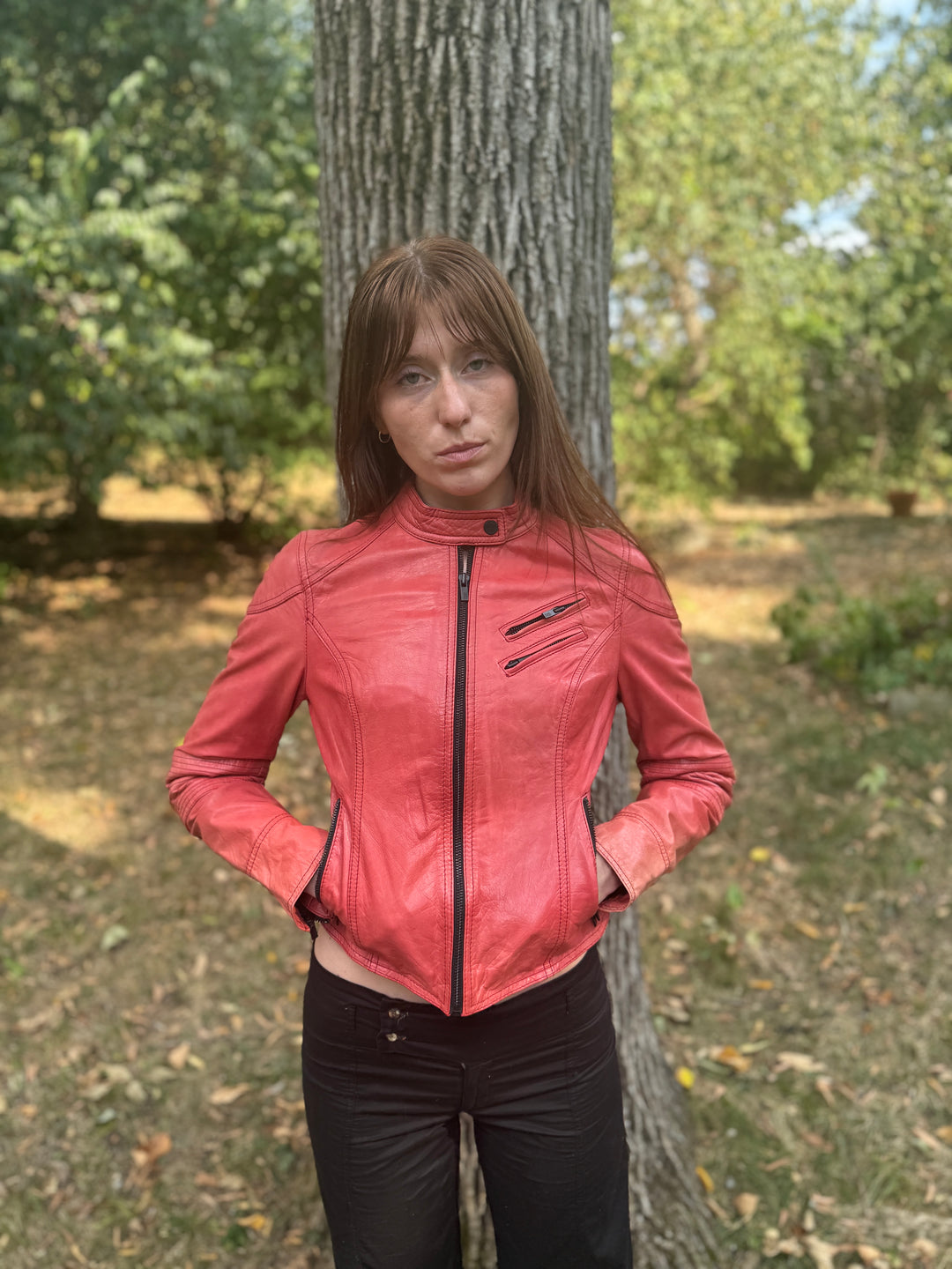 Vintage Red Leather Motorcycle Jacket, Black Rivet