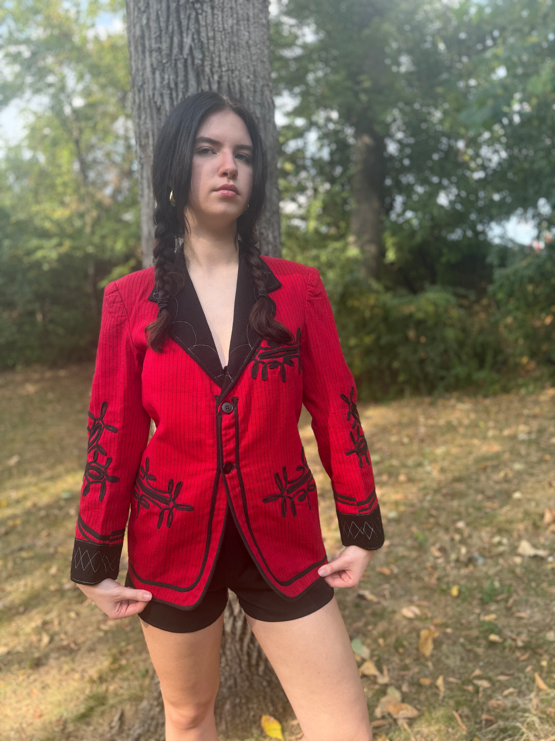 Vintage Red Black Pinstriped Blazer, Custom Made